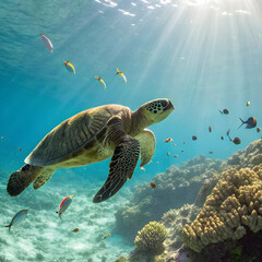 an elegant green sea turtle gracefully swimming