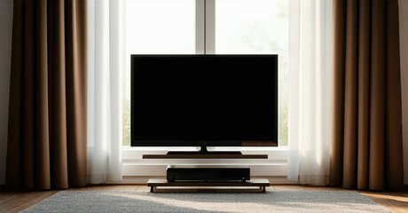 Fototapeta premium Modern living room interior. Television mounted above media console. Curtains frame window, soft light illuminates space. Minimalist design.
