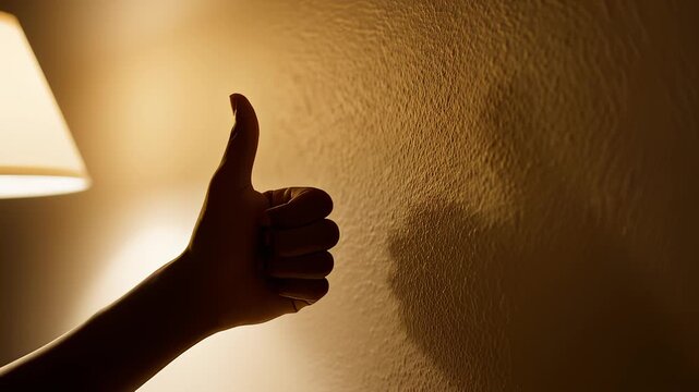 Hand Gesture Shows Thumbs Up Against Warm Wall in Dim Lighting