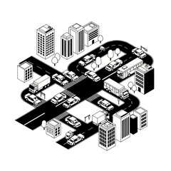 Fototapeta premium Black and White Cityscape with Vehicles.