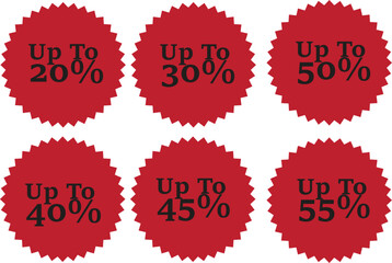 Collection of six red circular starburst sale discount stickers showing savings up to fifty five percent