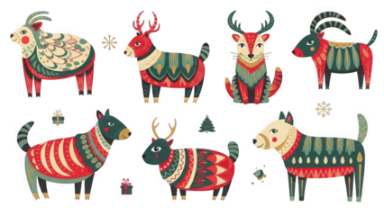 Folk Art Style Christmas Animals Collection illustration