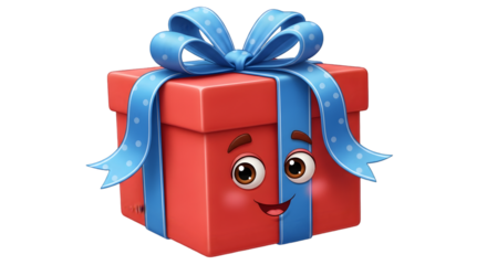 A cheerful red gift box with a blue ribbon and cartoon eyes