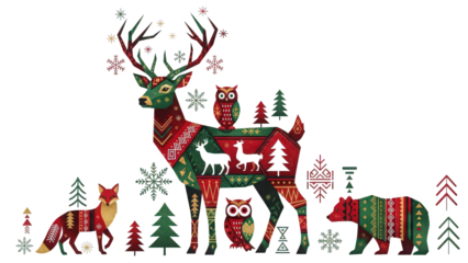 Large Stylized Christmas Deer With Forest Animals bear