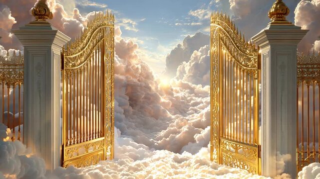Golden gates emerge from fluffy clouds, revealing a bright sky with sunlight shining through, creating a serene atmosphere