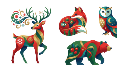 Stylized Christmas Animals with Festive Patterns holiday