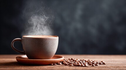 Steaming cup of coffee with coffee beans on a wooden table