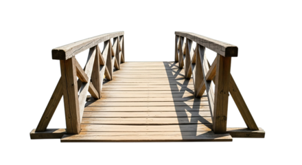 Rustic wooden footbridge with handrails isolated on transparent background