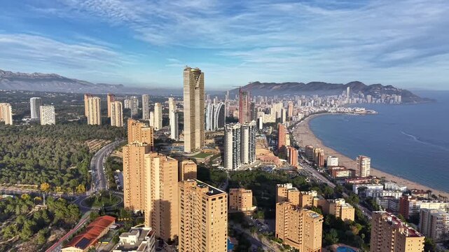 Aerial Beachfront Highrise And Bay Skyline, Resort Developer Presenting Masterplan With Pools, Promenades,