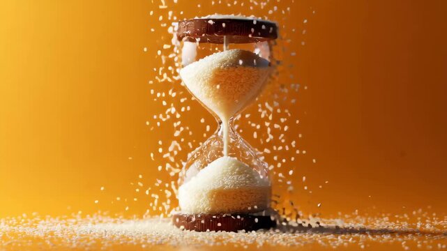 Hourglass filled with white rice, showing grains pouring from the top to the bottom on an orange background during daylight hours