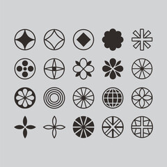 Collection of geometric, decorative, floral, and wheel symbols isolated