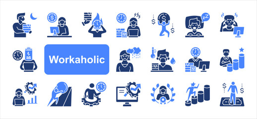 Workaholic icon set with Overwork, Overtime, Deadline, Stress, Exhausted, Time management, Productivity simple vector.