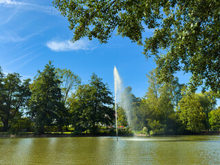 Fountain sprays water into the clear blue sky above lush greenery and a serene pond on a sunny afternoon in a tranquil park setting
