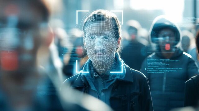 Crowd of people walking in an urban area while facial recognition technology scans for identification and security purposes