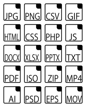 jpg,png,csv,gif,html,css,php,js,docx,xlsx,pptx,ysy,pdf,iso,zip,mp4,ai,psd,eps,movファイル拡張子アイコンセット