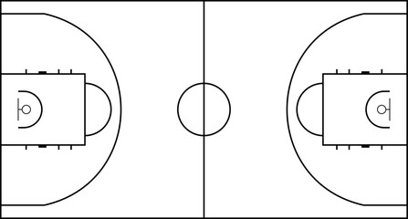 High-quality vector illustration of a basketball court in top view, featuring clear and precise line markings. Ideal for sports infographics, training materials, game strategy diagrams, design © brovkoserhii