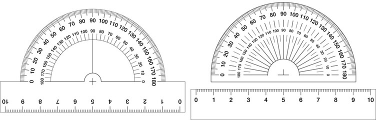 High-resolution vector illustration of two half-circle protractors and two measuring rulers, featuring precise metric markings, clear lines, and technical drawing style. Ideal for educational