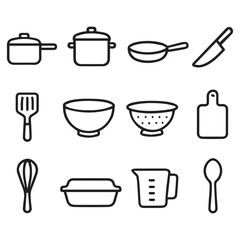 Minimalist kitchen utensils icon set in black outline style on white background, including pots, pan, knife, bowls, whisk, spatula, cutting board, measuring cup and spoon.