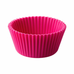 Bright pink silicone muffin baking cup, reusable cupcake liner for baking, isolated on transparent background.