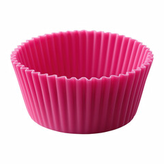 Bright pink silicone muffin baking cup, reusable cupcake liner for baking, isolated on transparent background.