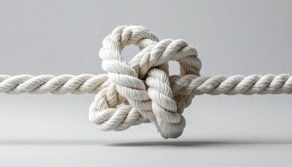 Thick white rope tied in overhand knot, centered on light gray background, close-up view.