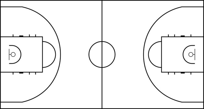High-quality vector illustration of a basketball court in top view, featuring clear and precise line markings. Ideal for sports infographics, training materials, game strategy diagrams, design