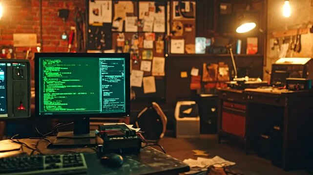 A dimly lit workshop features retro computers displaying code, with a messy desk, and tools hanging in the back