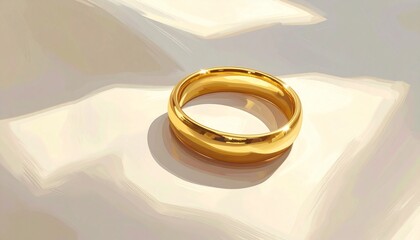 Shiny gold ring on smooth surface, soft shadows, realistic lighting, polished metallic texture.