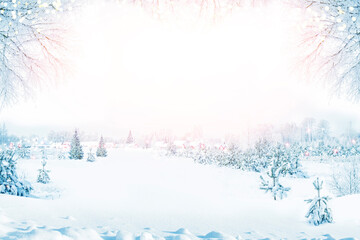 Space for text. Natural Christmas background. Winter landscape. Rustic wooden house in the snow covered forest. Bokeh.