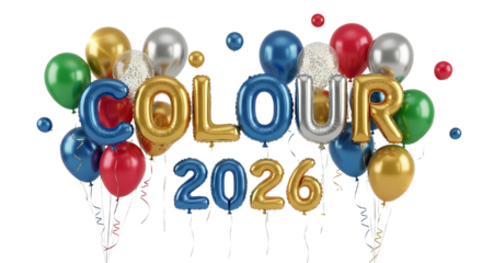 Festive metallic balloon arrangement spelling colour 2026 surrounded by vibrant latex balloons and confetti against black