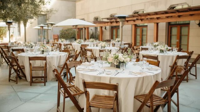Outdoor dining setup with tables and chairs arranged for a gathering in a courtyard during the day