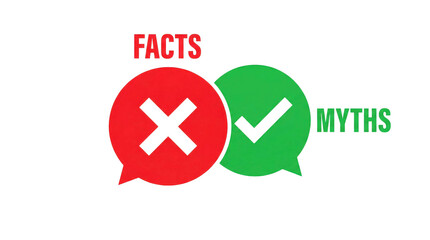 Fototapeta premium Visual representation contrasting facts and myths with speech bubbles in vibrant colors for educational purposes. Isolated on transparent background