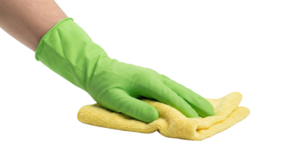 Hand wearing green rubber glove is cleaning surface with yellow microfiber cloth demonstrating effective household cleaning techniques. Isolated on transparent background