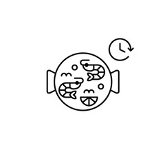 Obraz premium Shrimp paella and clock. Food scheduled delivery and meal pick-up on time. Takeaway Asian cuisine. Pixel perfect, editable stroke vector icon