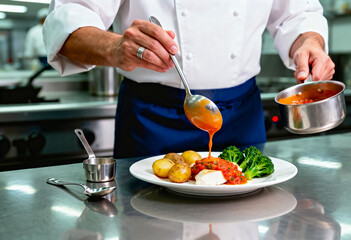 Professional chef plating a gourmet dish, carefully drizzling a vibrant orange sauce over white fish, baby potatoes, and broccoli on a clean white plate in a stainless steel commercial kitchen