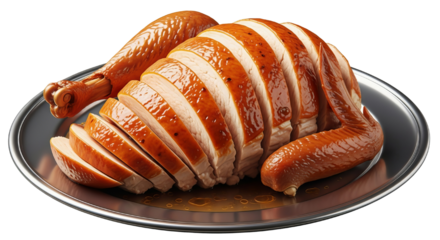 Perfectly sliced roasted turkey breast with crispy skin served on a silver platter ready for holiday feasts