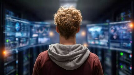 Young developer analyzing data on multiple screens in server room