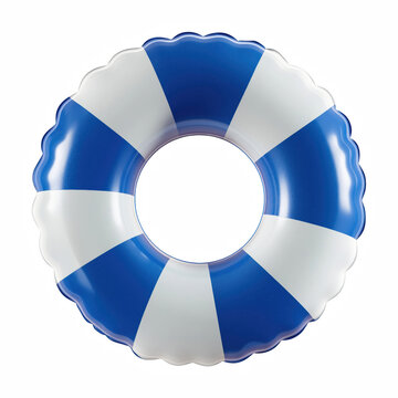 Blue and white inflatable swim ring float, realistic pool tube isolated on transparent background.
