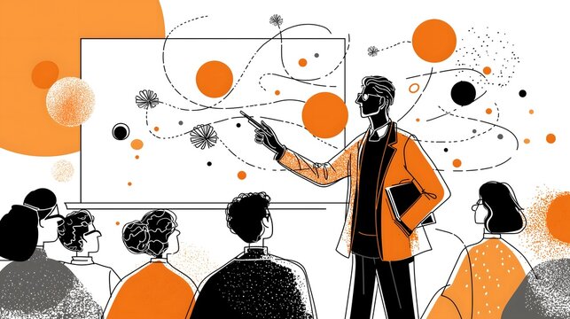 Vector illustration of a presenter pointing at a whiteboard with dotted accents in front of seated audience, suitable for business training and seminar presentations
