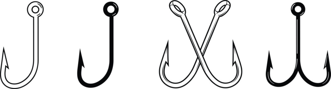 Fishing hook silhouettes set in different styles isolated vector illustration for angling, tackle design, and outdoor fishing concepts