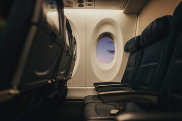 Soft light falls across empty airplane seats at the window.