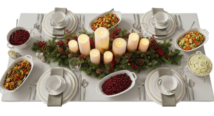Elegant holiday dinner table setting featuring festive centerpiece with candles and abundant seasonal side dishes