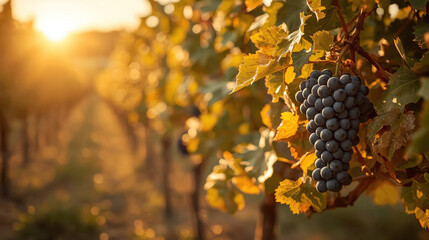 Autumn Vineyard Sunset Background &ndash; Deep Purple Grapes with Warm Cinematic Bokeh