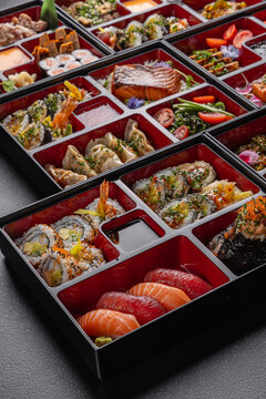Huge bento box with Japanese cuisine dishes