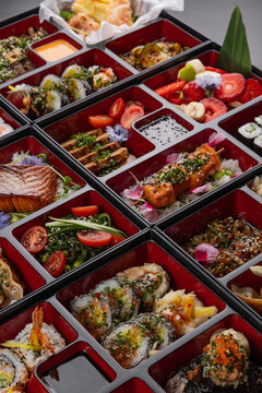 Huge bento box with Japanese cuisine dishes