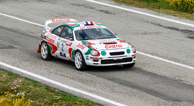 San Marino: 2010 09 01 Rally free event Iconic Toyota Celica GT-Four ST205 in Castrol livery racing on a tarmac rally stage