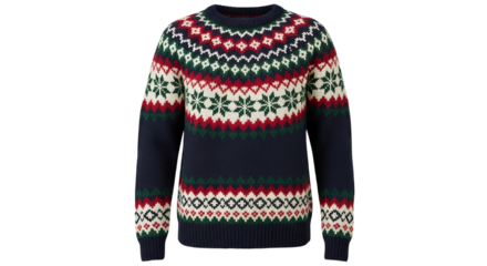 Classic navy blue christmas sweater featuring traditional fair isle snowflake patterns in red and green colors