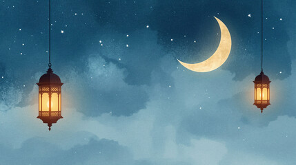 Peaceful Watercolor Ramadan Night With Crescent Moon And Gentle Lantern Glow