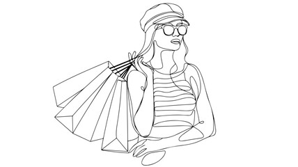  one-line drawing of a stylish woman carrying shopping bags