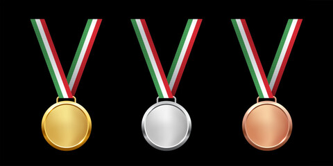 Gold, silver, and bronze medals. Realistic 3D award medals with ribbons, symbolizing first, second, and third place in sports, competitions, and athletic events. Vector illustration.